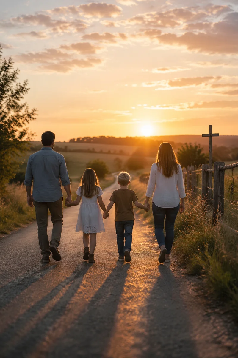 Family Walking Country Road at Sunset