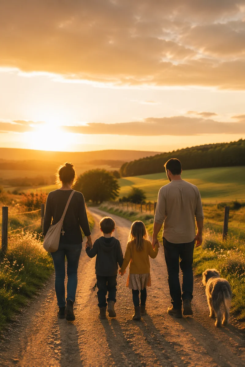 Family Walking Country Road at Sunset