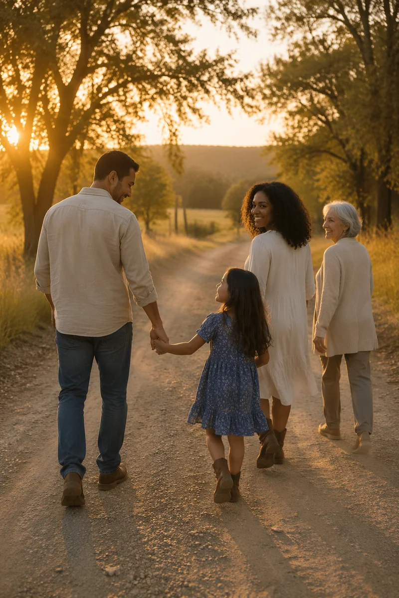 Multigenerational Family Walking at Sunset