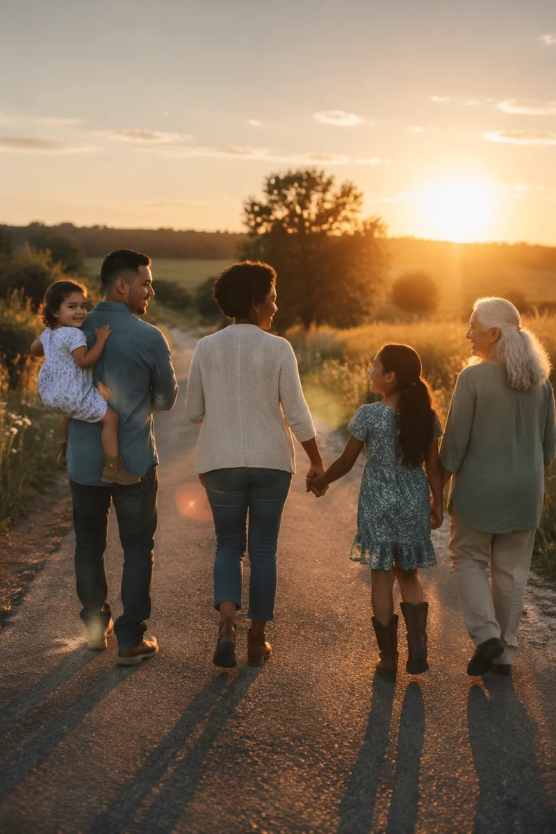 Multigenerational Family Walking Country Road at Sunset