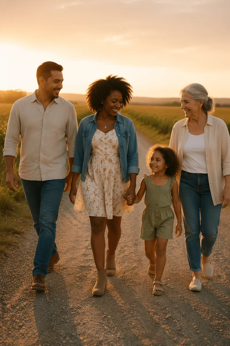 Multigenerational Family Walking on Country Road
