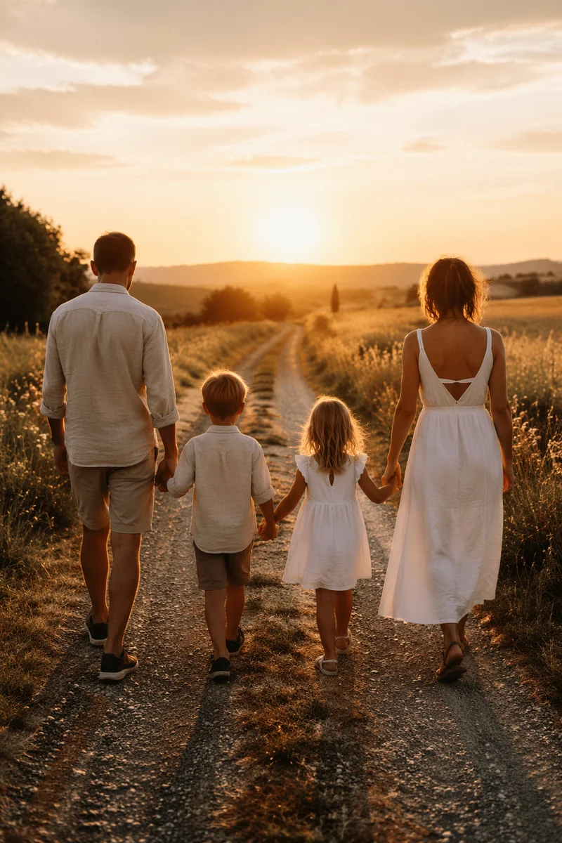Family Walking Country Road at Sunset