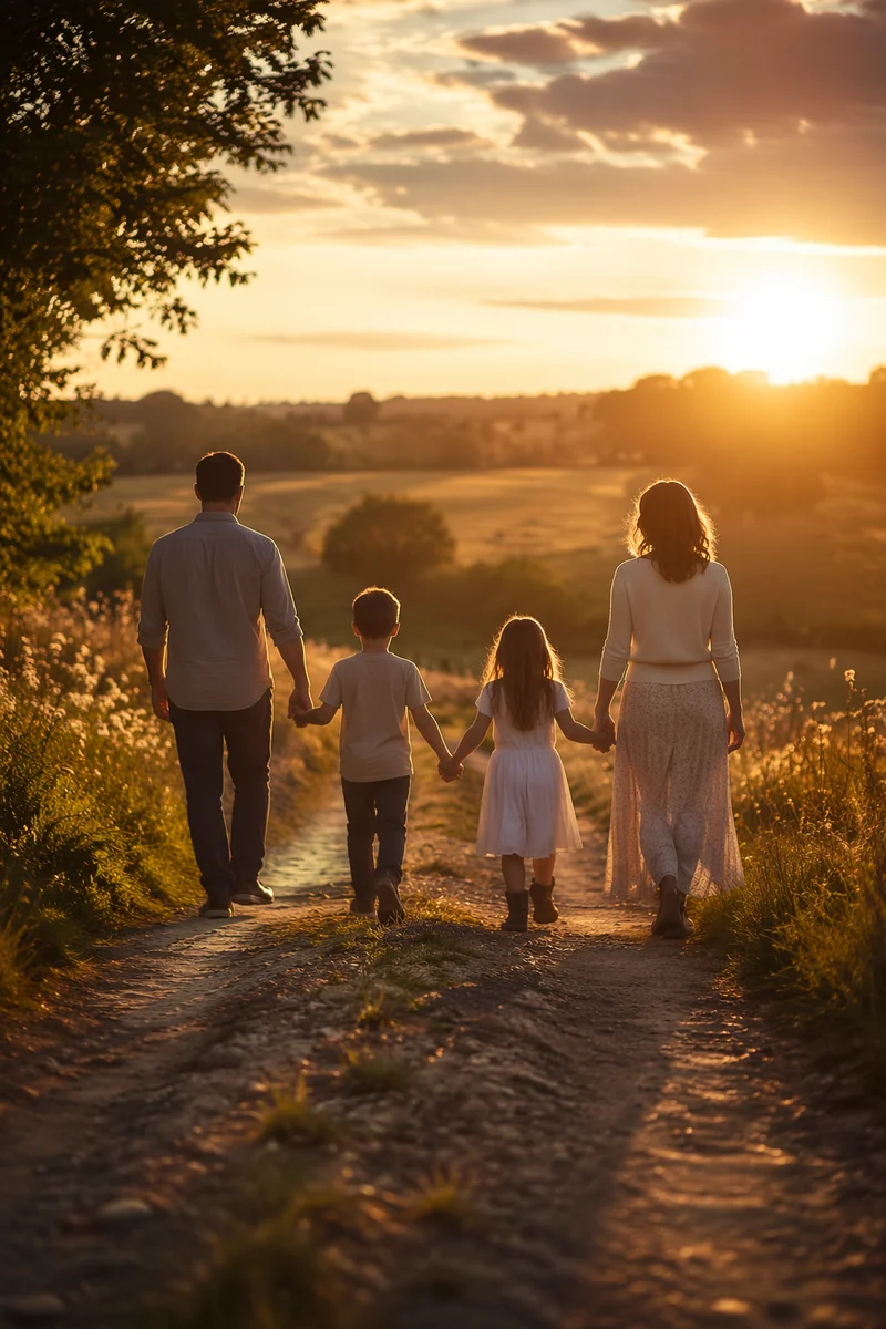 Family Walking Country Road at Sunset