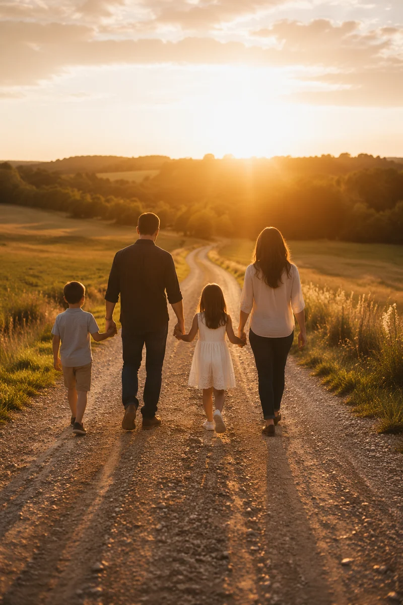 Family Walking Country Road at Sunset