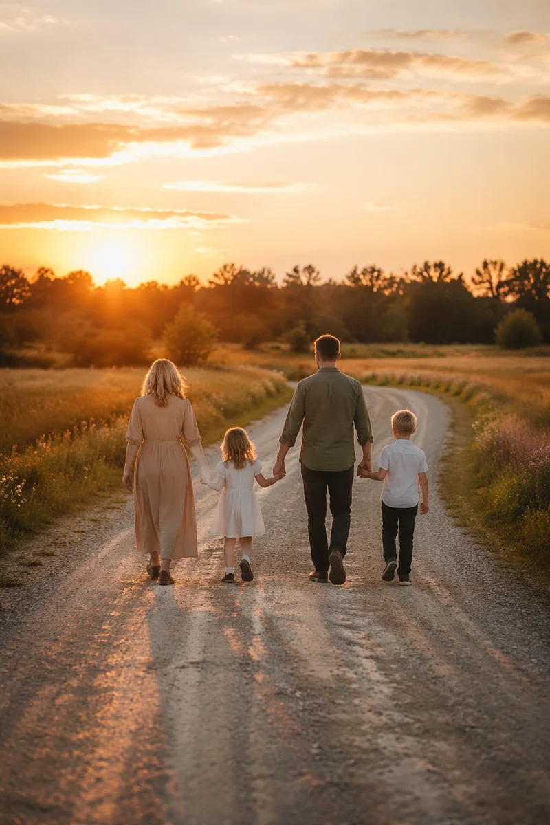Family Walking Country Road at Sunset