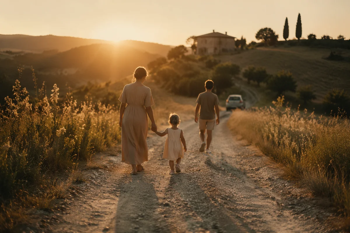 Family Walking Country Road at Sunset