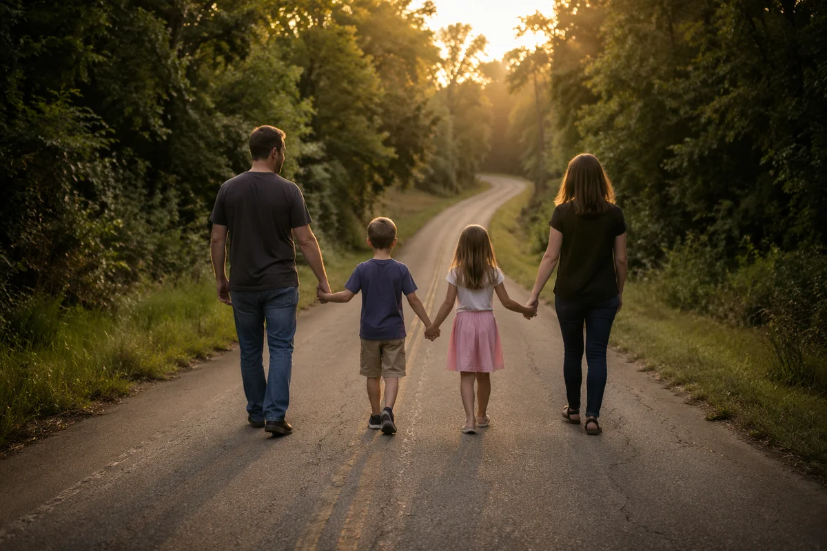 Family Walking Country Road at Sunset
