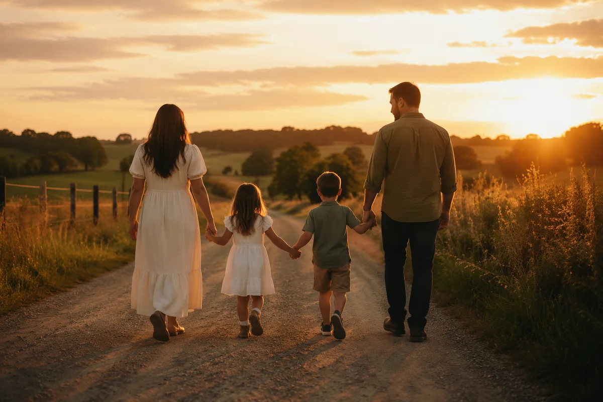Family Walking Country Road at Sunset
