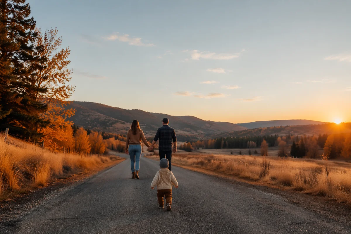 Family Walking Country Road at Sunset
