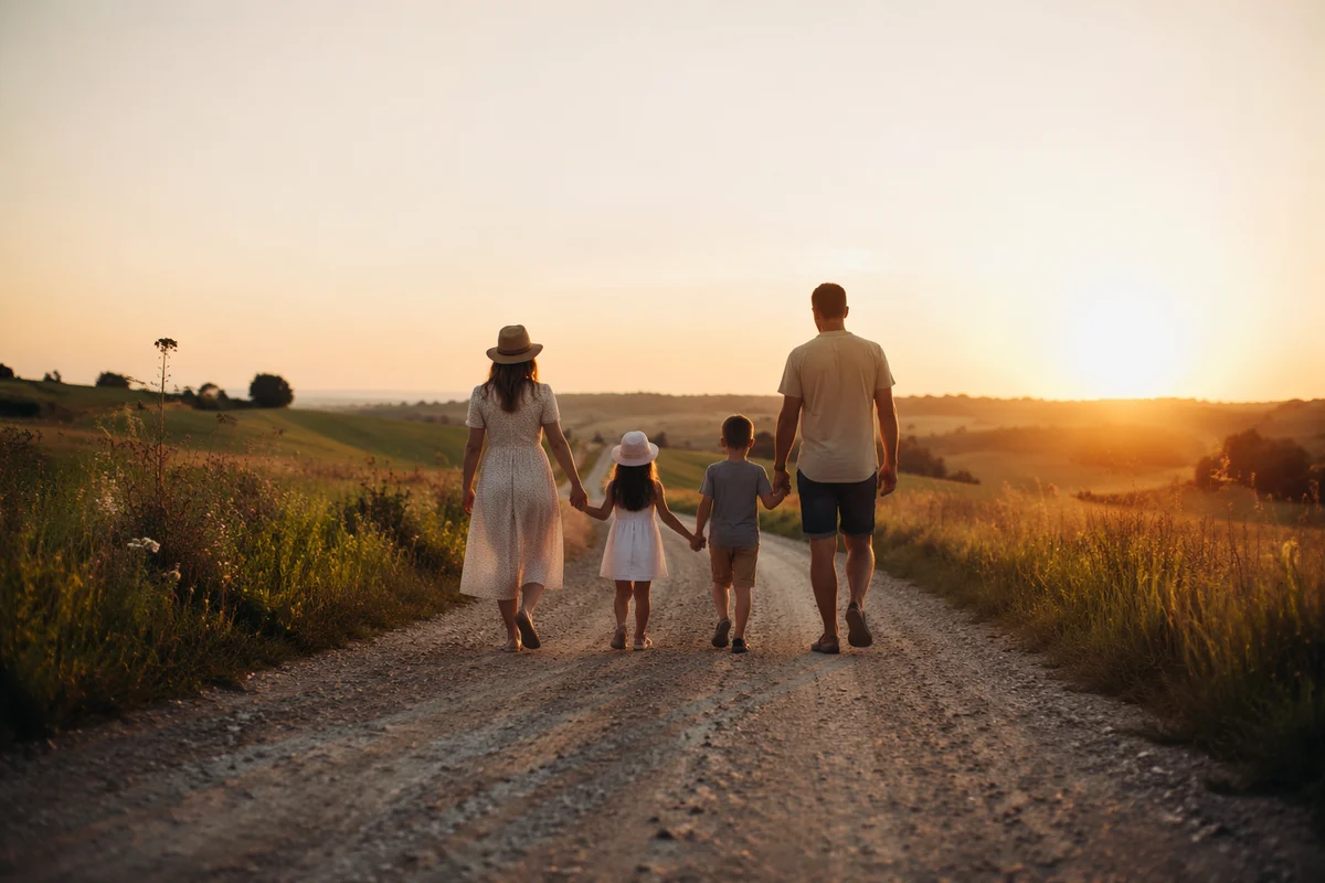 Family Walking Country Road at Sunset