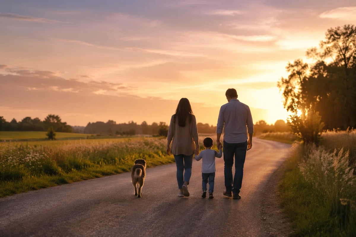 Family Walking Country Road at Sunset