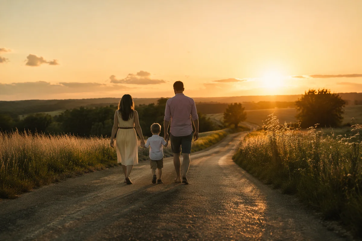 Family Walking Country Road at Sunset