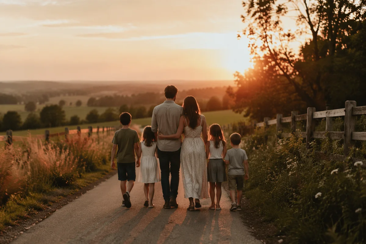Family Walking Country Road at Sunset