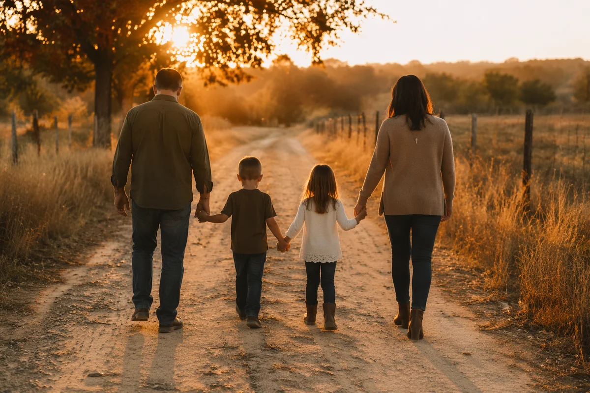Faithful Family Walk at Countryside Sunset