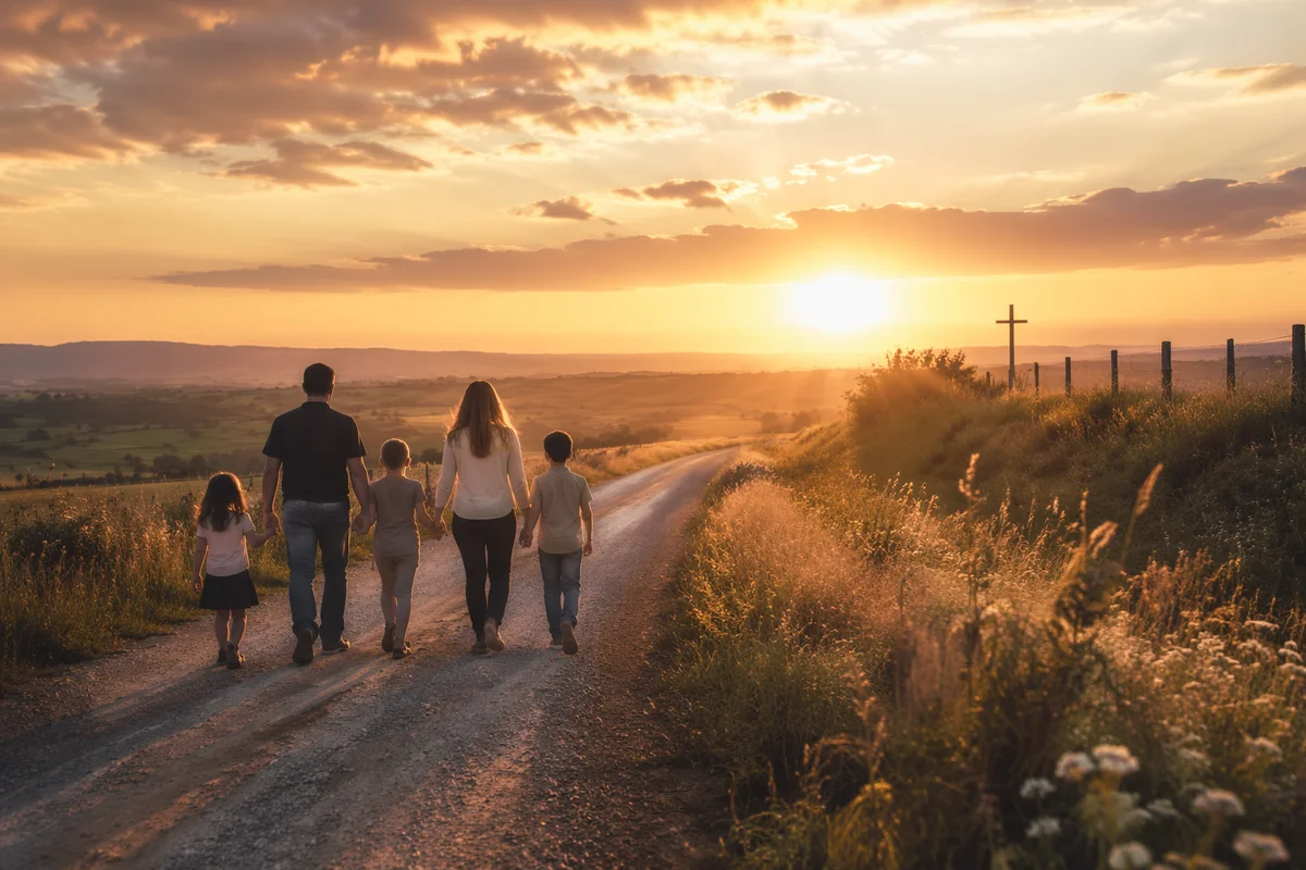 Christian Family Walking Country Road at Sunset