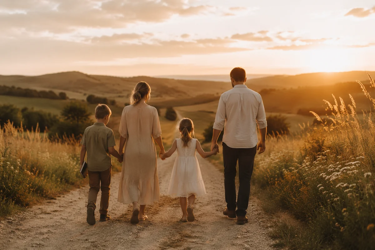 Family Sunset Walk on Country Road