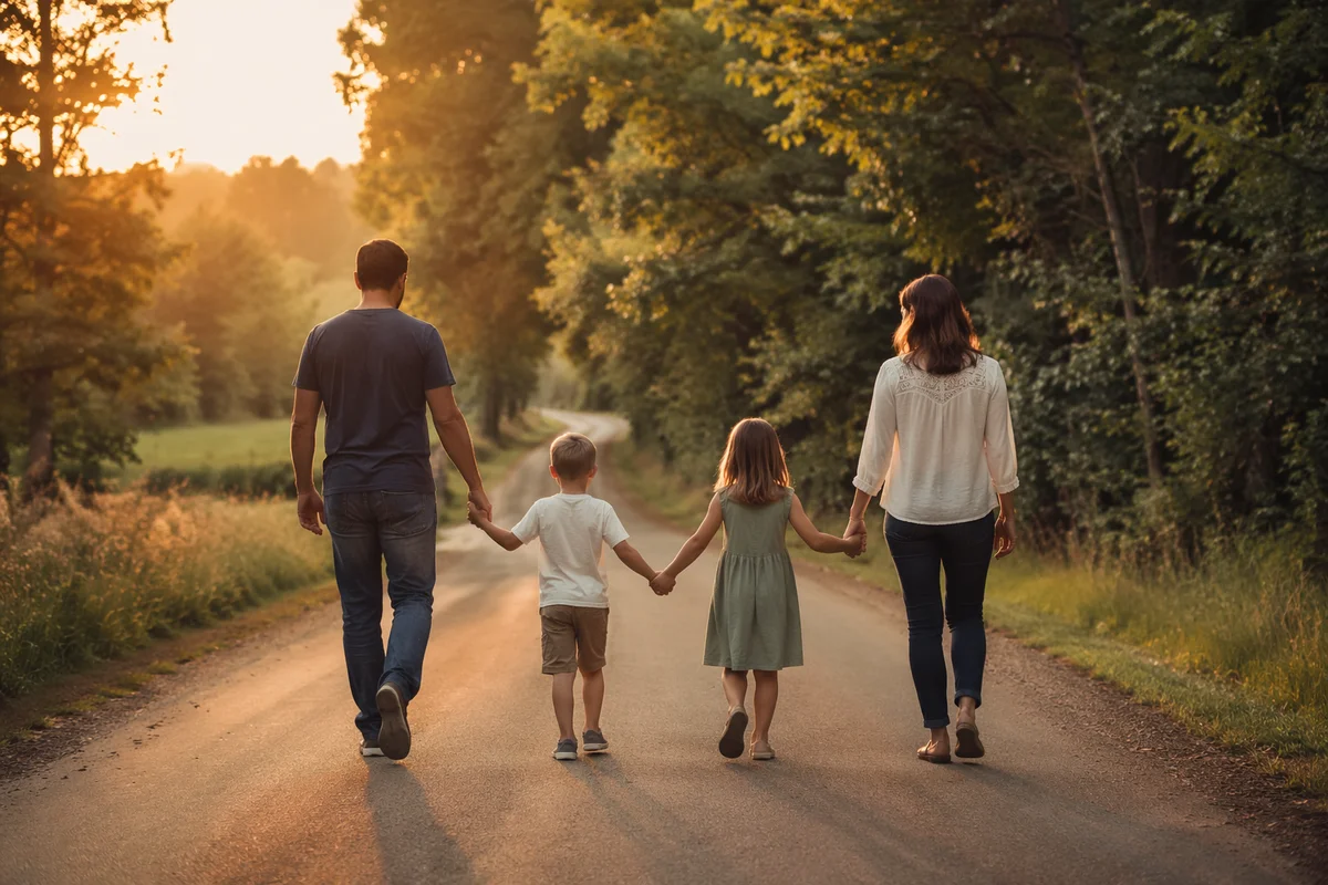 Family Walking Country Road at Sunset