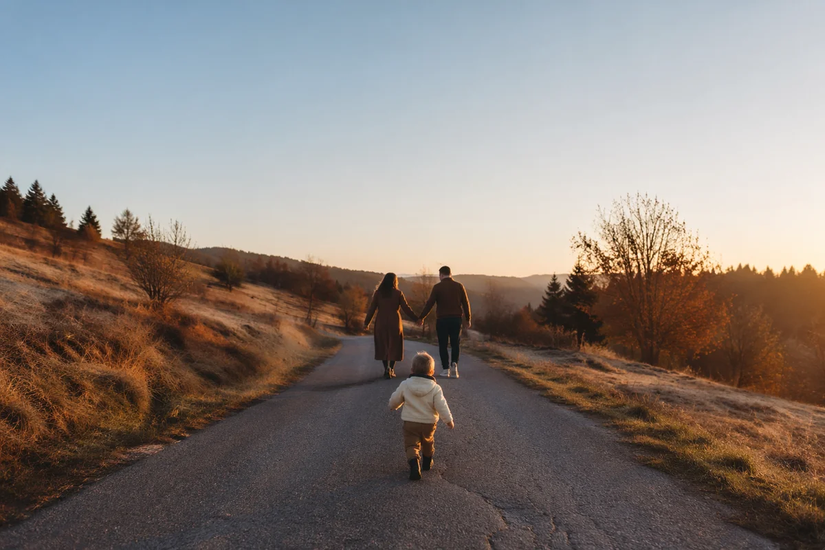 Family Walking Country Road at Sunset