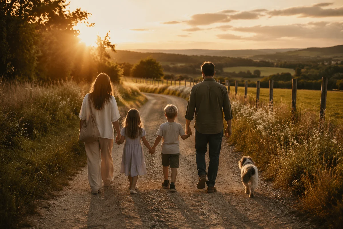 Family Walking Country Road at Sunset