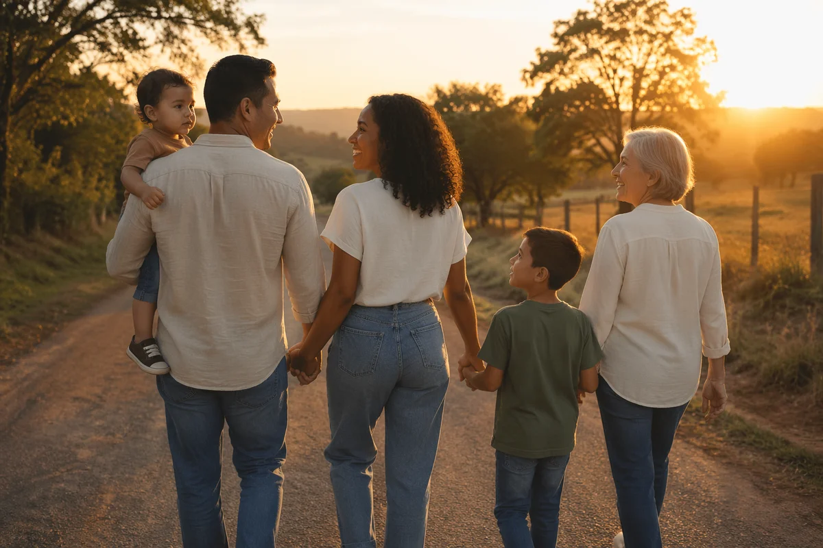 Multigenerational Family Walking at Sunset