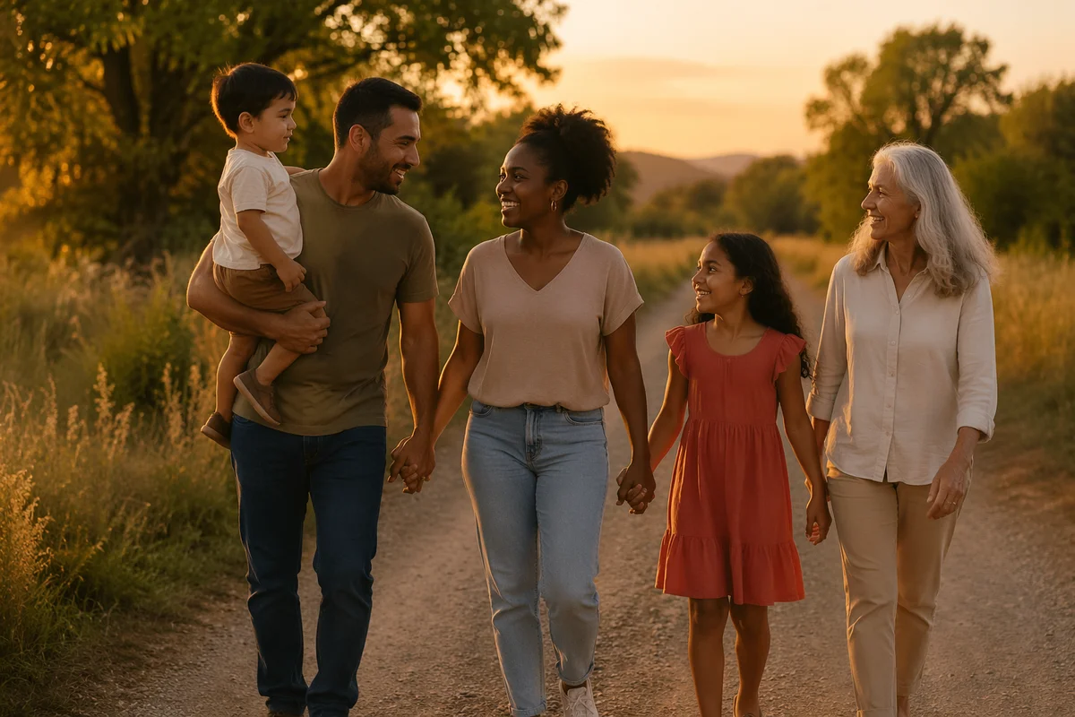 Multigenerational Family Walking at Sunset