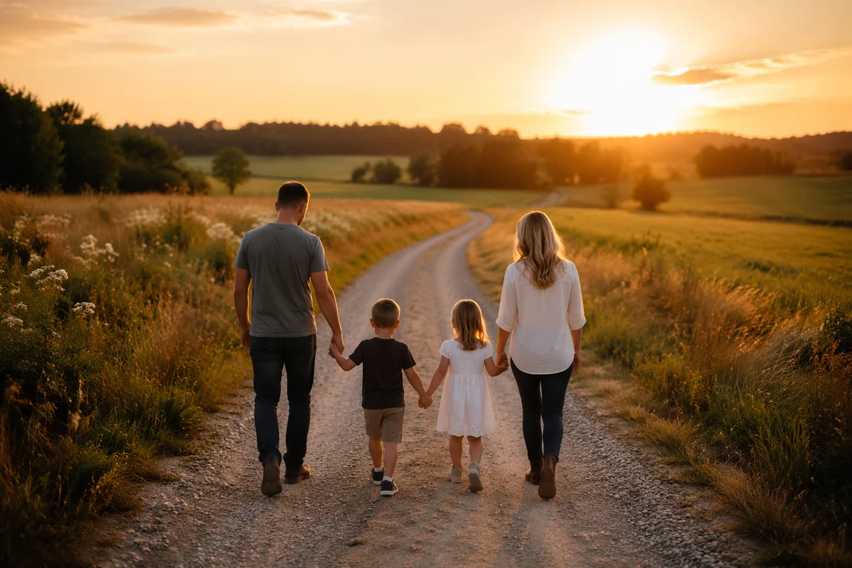Family Walking Country Road at Sunset