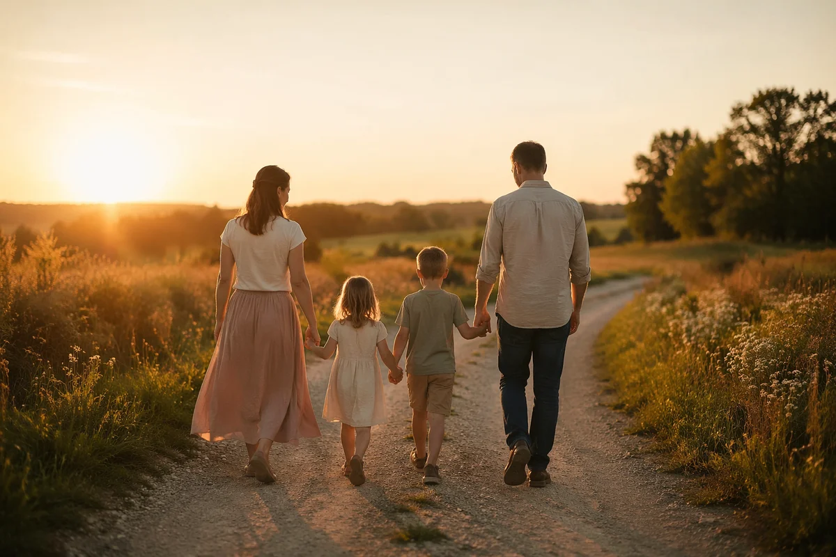 Family Walking Country Road at Sunset