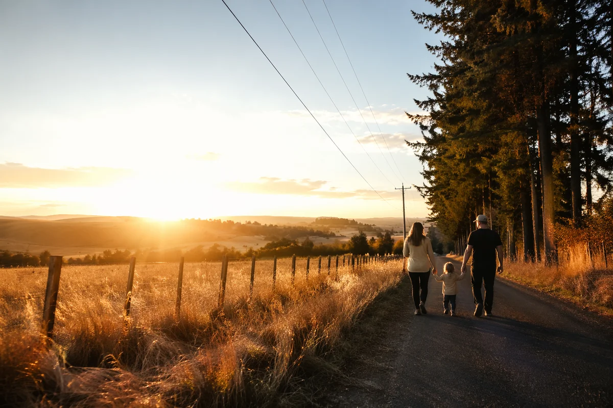 Family Walking Country Road at Sunset