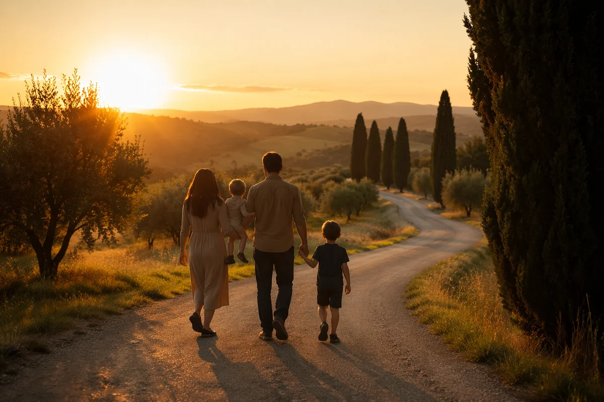 Family Walking Country Road at Sunset
