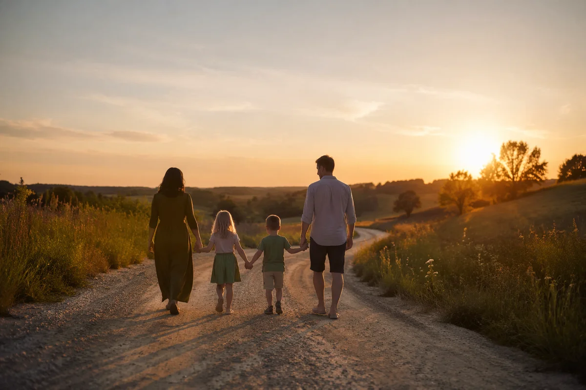 Family Walking Country Road at Sunset