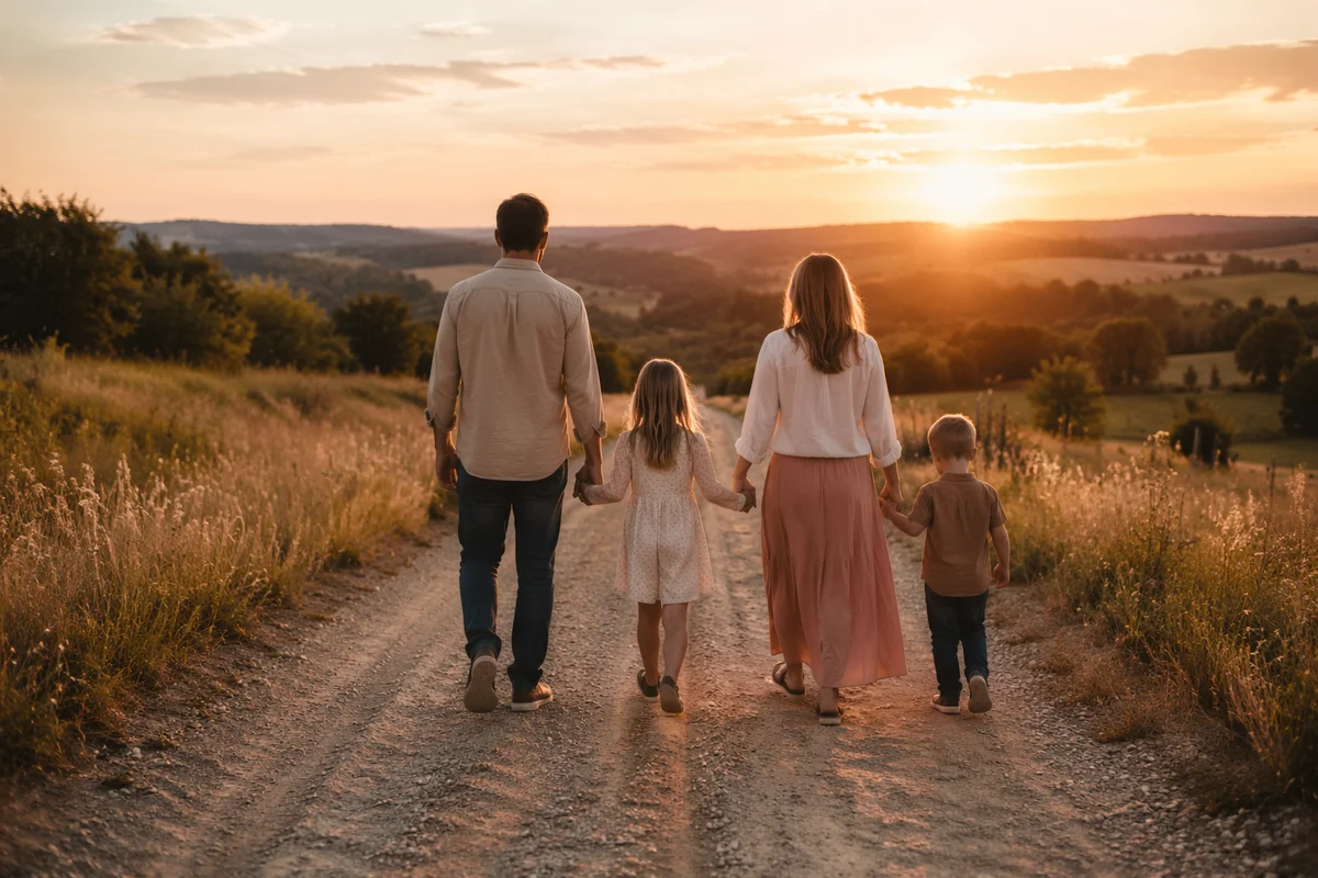 Family Walking Country Road at Sunset
