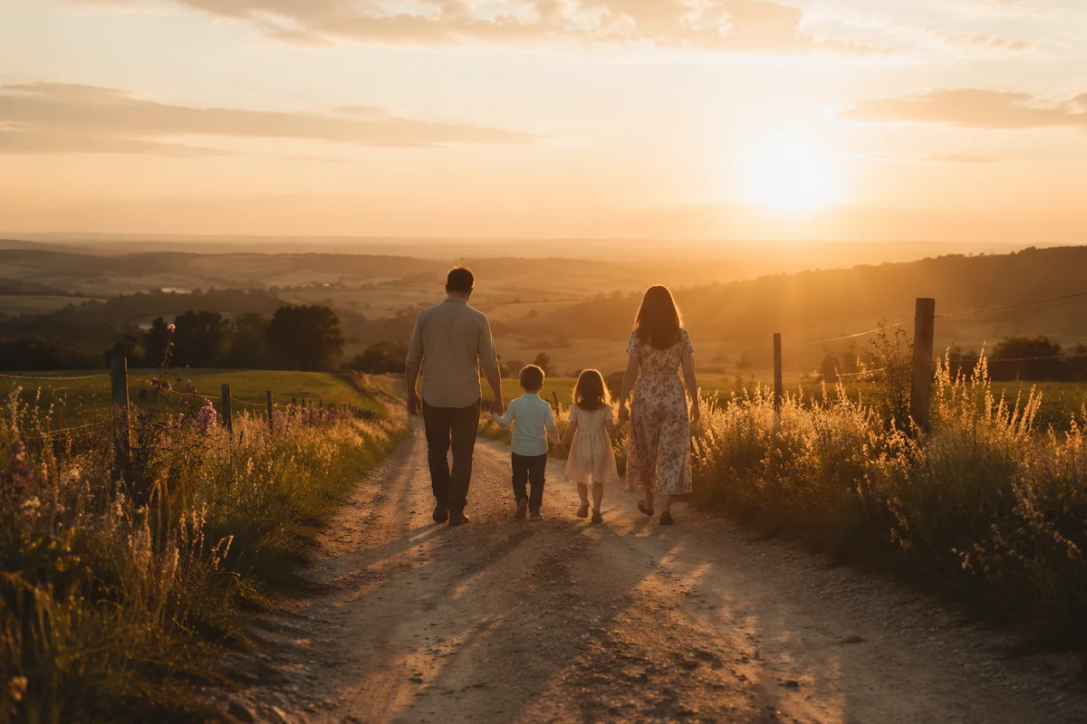 Family Walking Country Road at Sunset