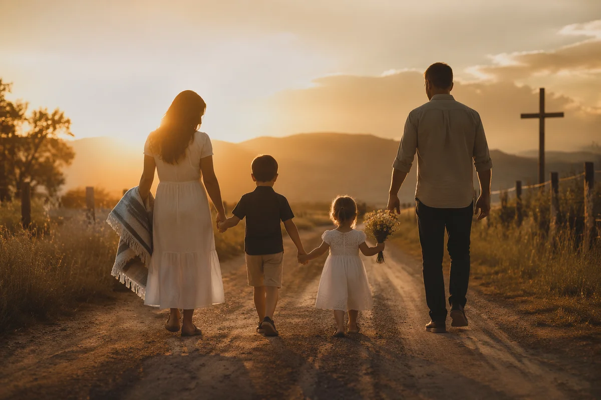 Family Walking Country Road at Sunset
