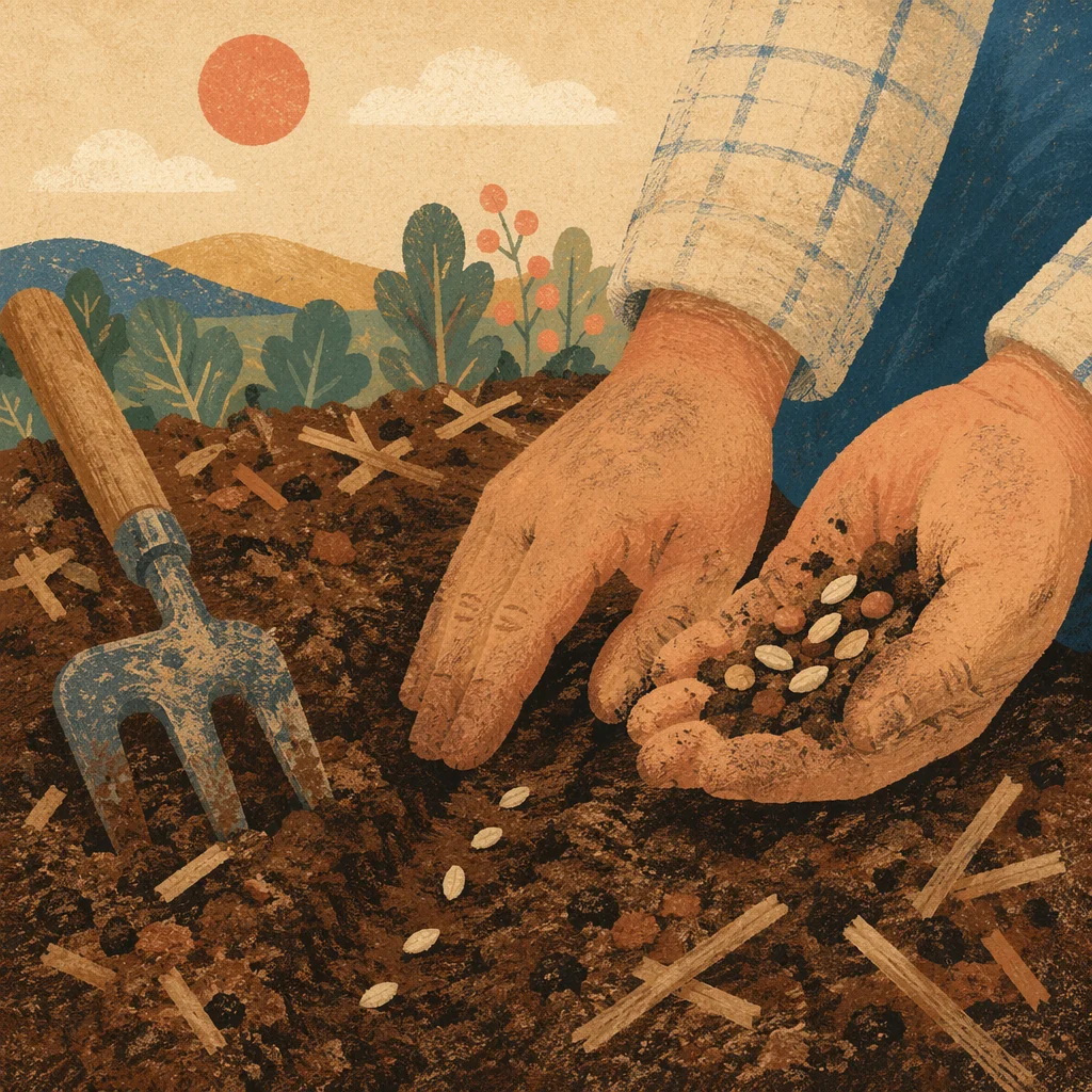 Prayerful Farmer Hands Planting Seeds