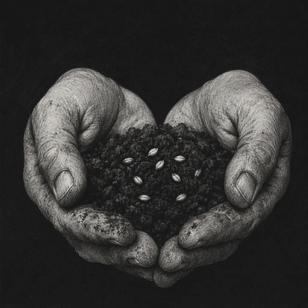 Praying Farmer Hands Holding Soil and Seeds