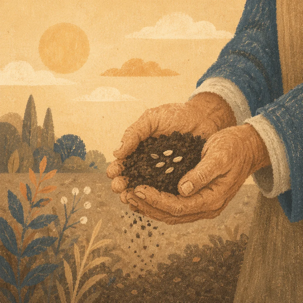 Prayerful Farmer Hands Holding Soil and Seeds
