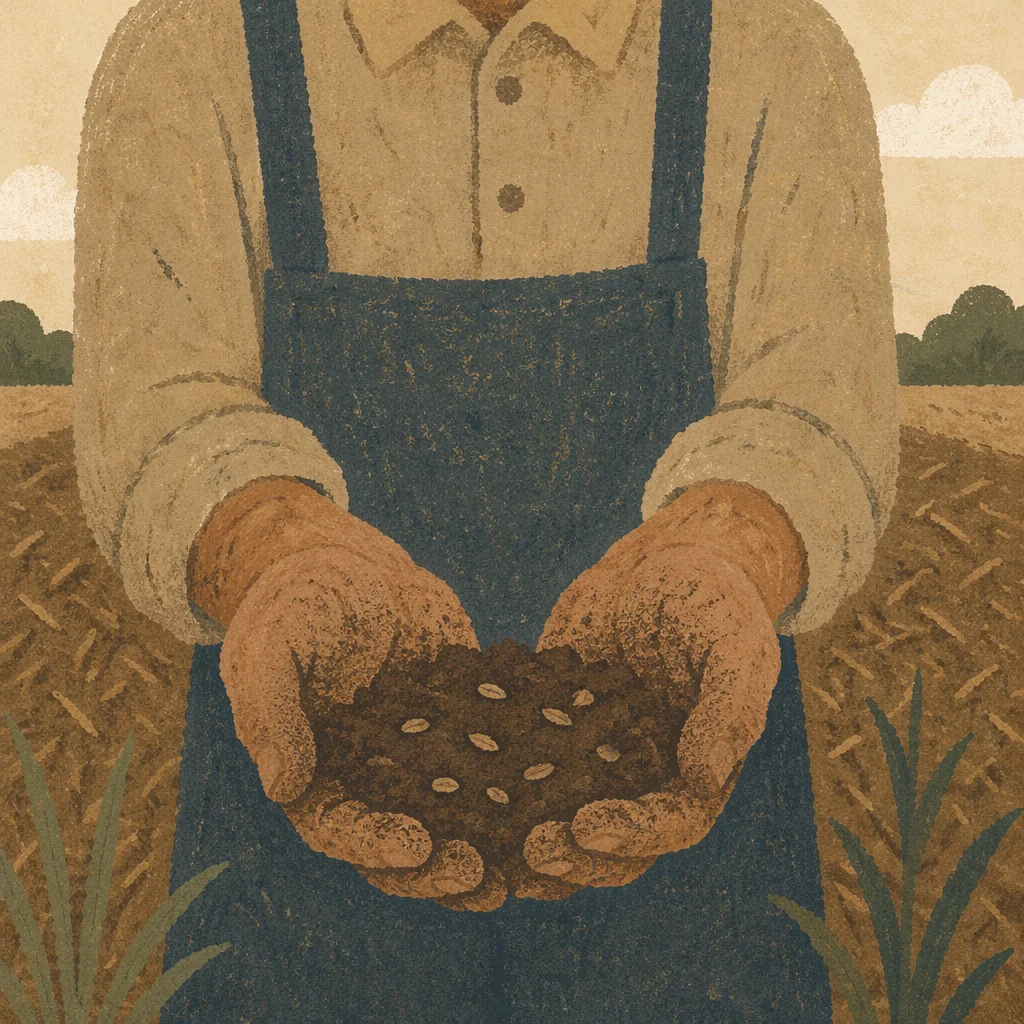 Farmer Hands Holding Soil and Seeds in Prayer