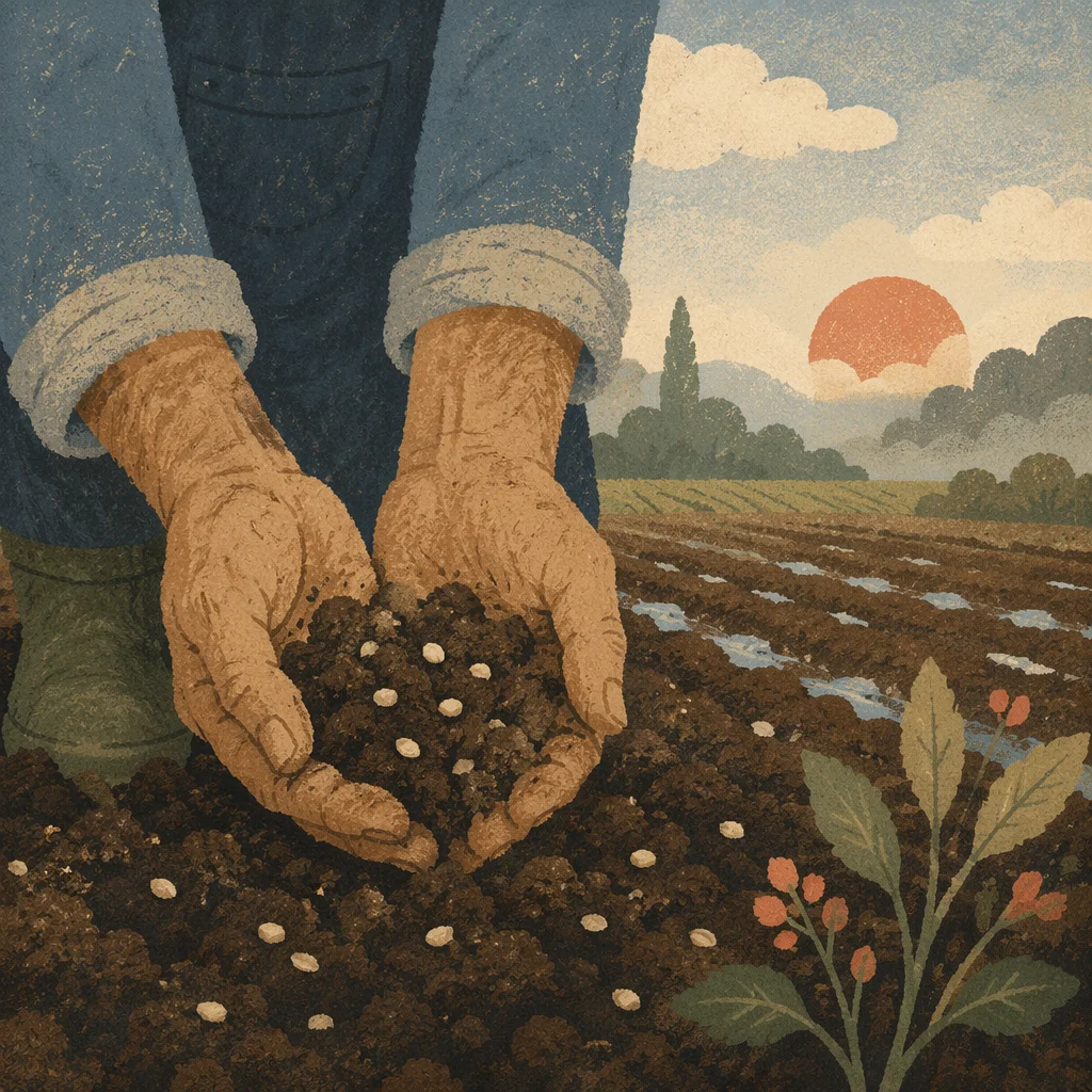 Farmer Hands Praying Over Seeds and Soil