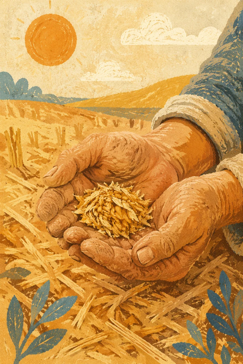 Praying Farmer Hands Holding Golden Seeds