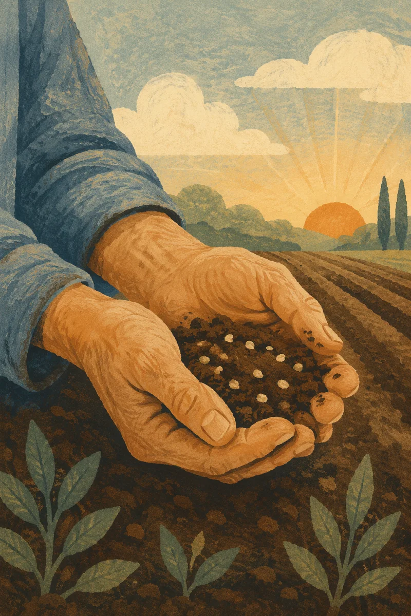 Farmer Hands Holding Seeds in Prayer