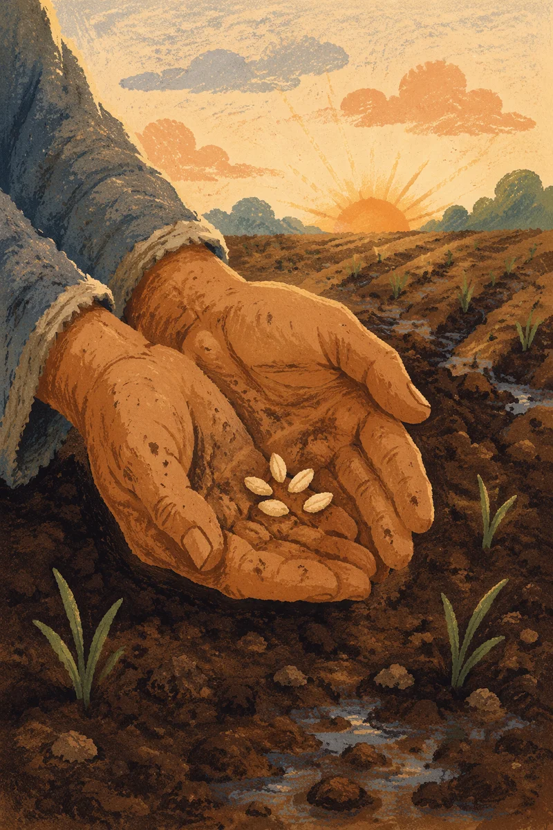 Farmer Hands Praying Over Seeds and Soil