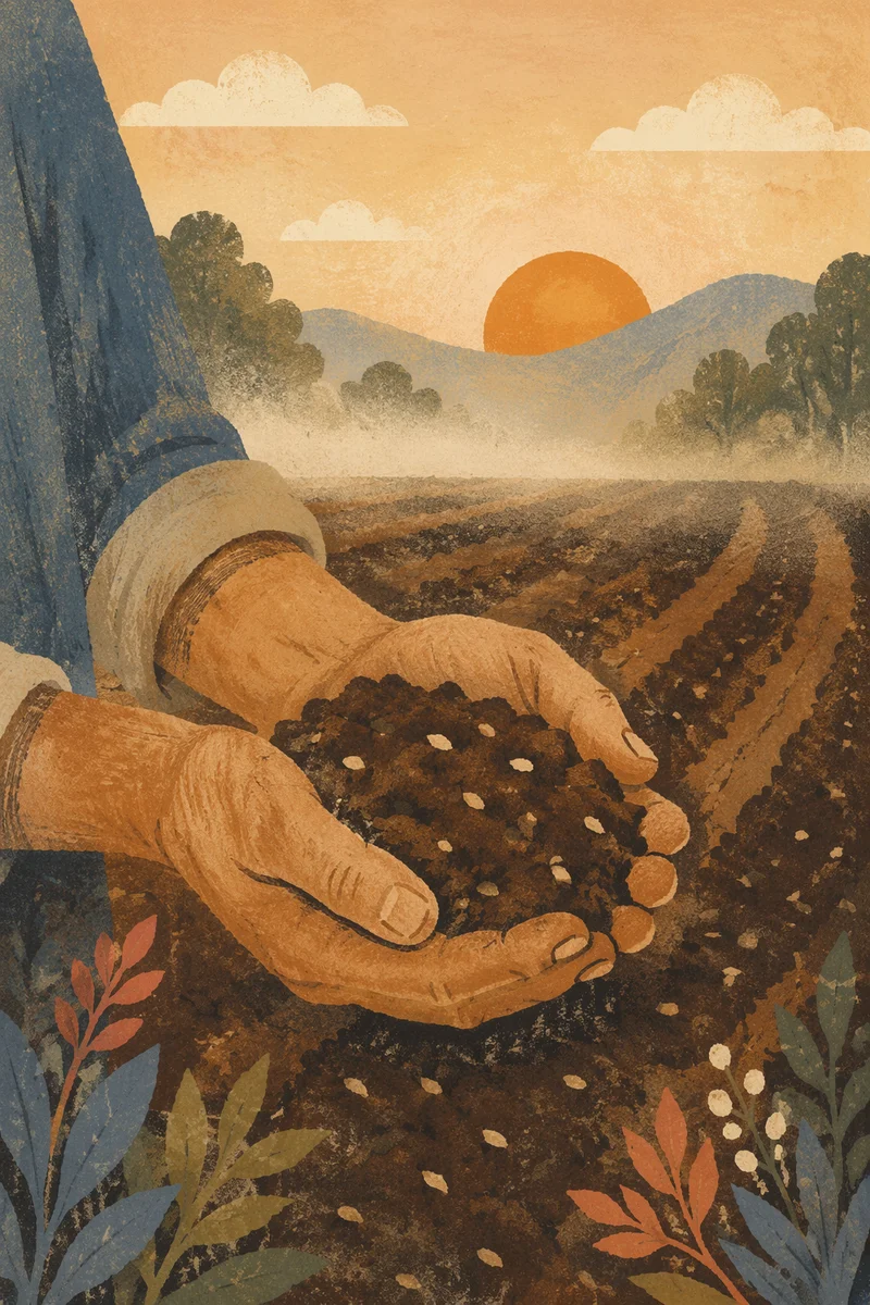 Farmer Hands Holding Seeds in Prayer