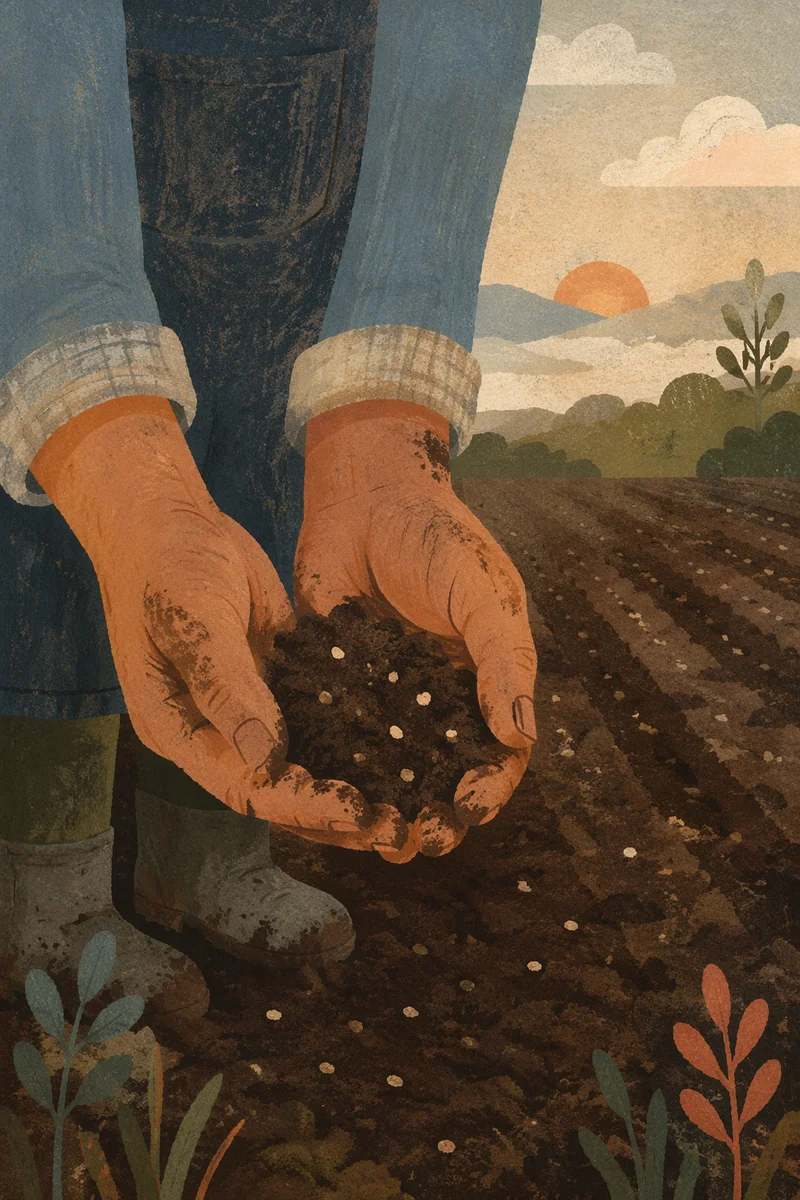 Praying Farmer Hands Holding Soil and Seeds