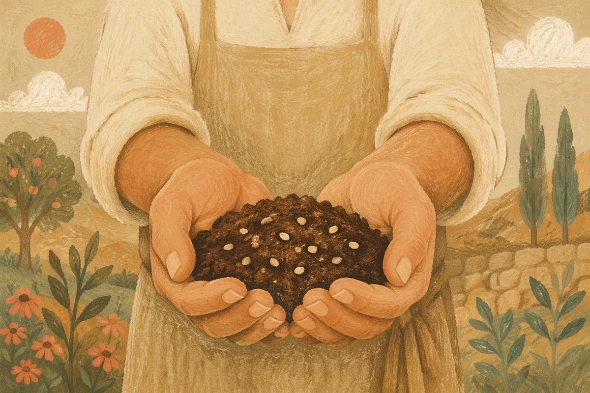 Farmer Hands Offering Soil and Seeds in Prayer