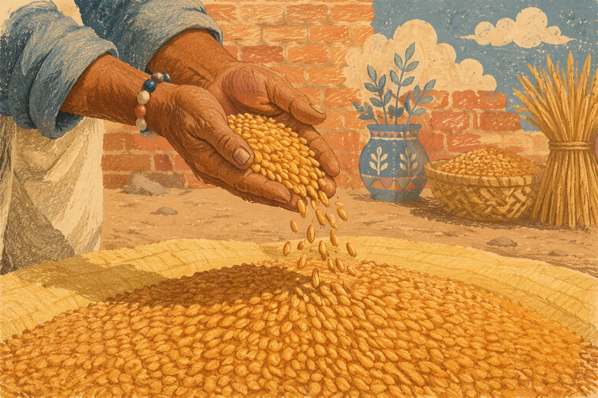 Farmer Hands Praying Over Golden Seeds