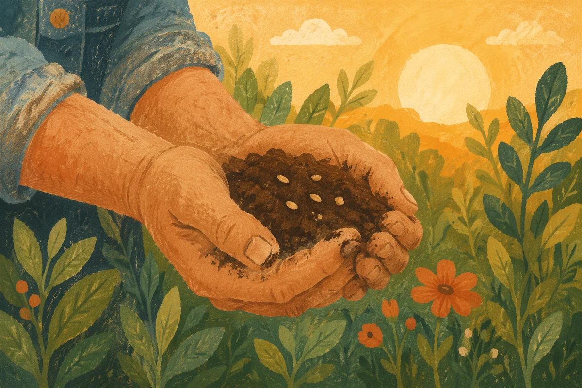 Farmer Hands Praying Over Soil and Seeds