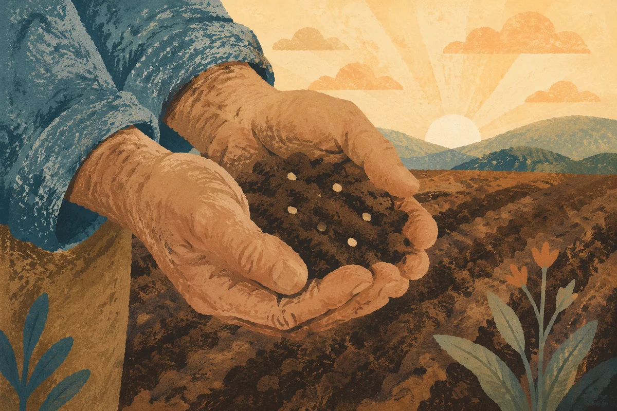 Farmer Hands Holding Seeds in Prayer