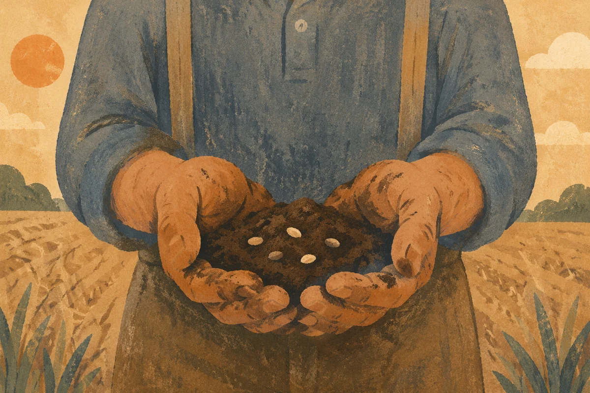 Farmer Hands Praying Over Soil and Seeds