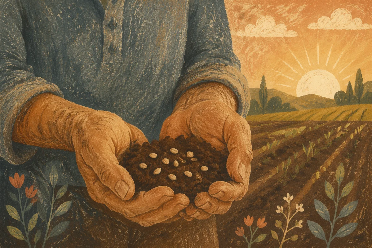 Prayerful Farmer Hands Holding Seeds and Soil
