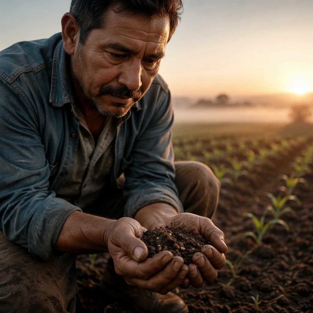 Farmer Praying with Soil and Seeds